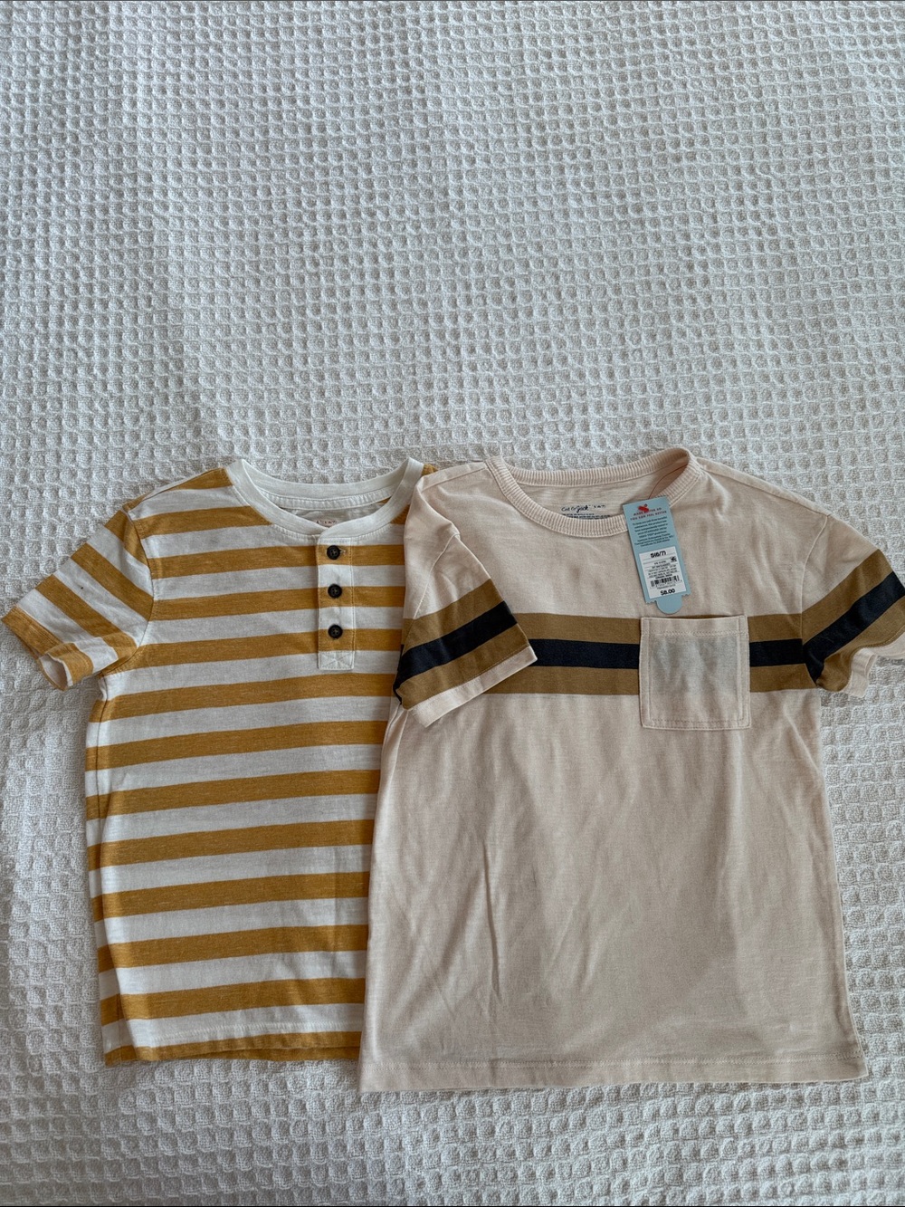 Kids Short Sleeve Tee Set - Mustard Stripe & Cream Stripe Pocket Tees